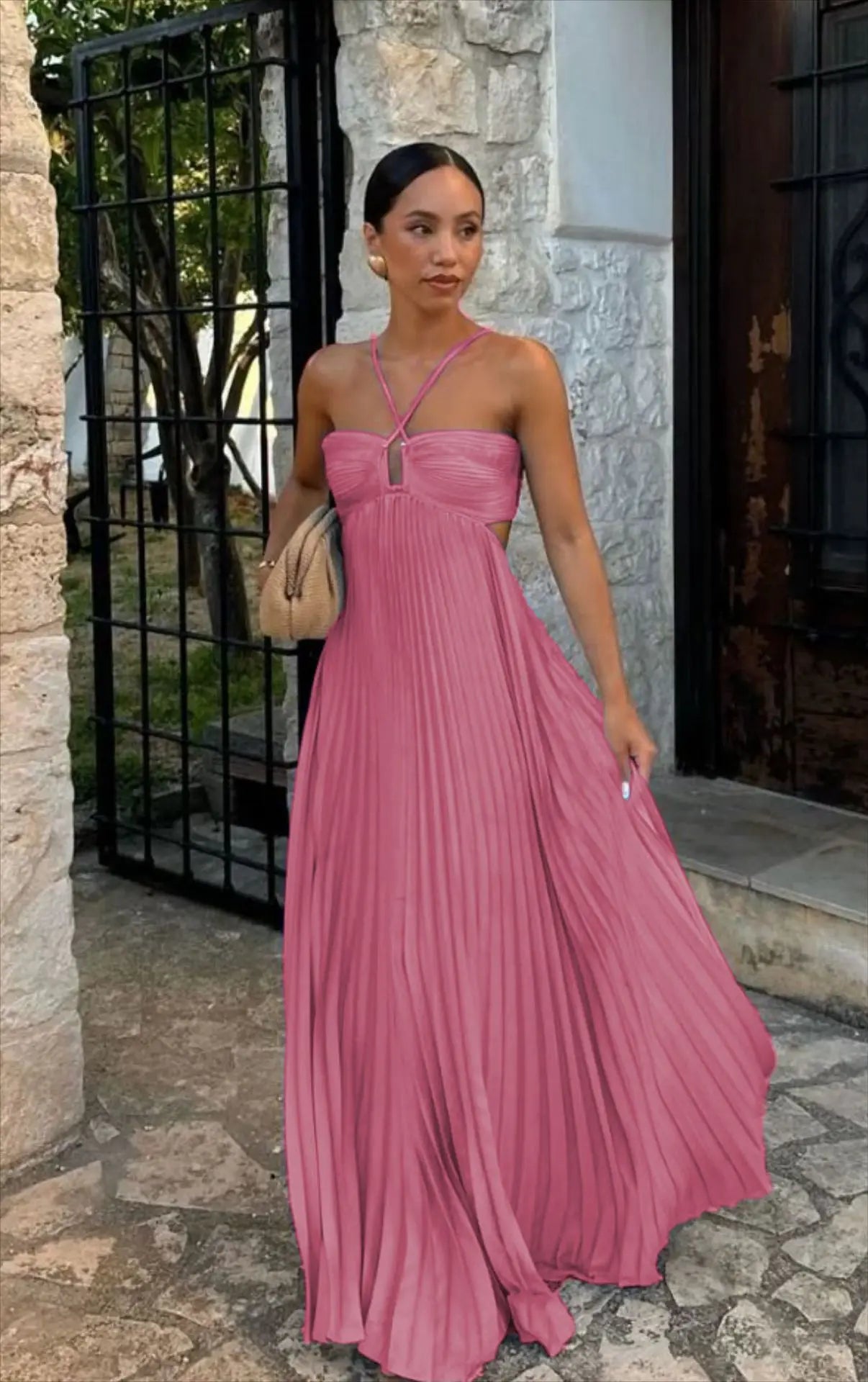 Summer Halter Pleated Long Dress 