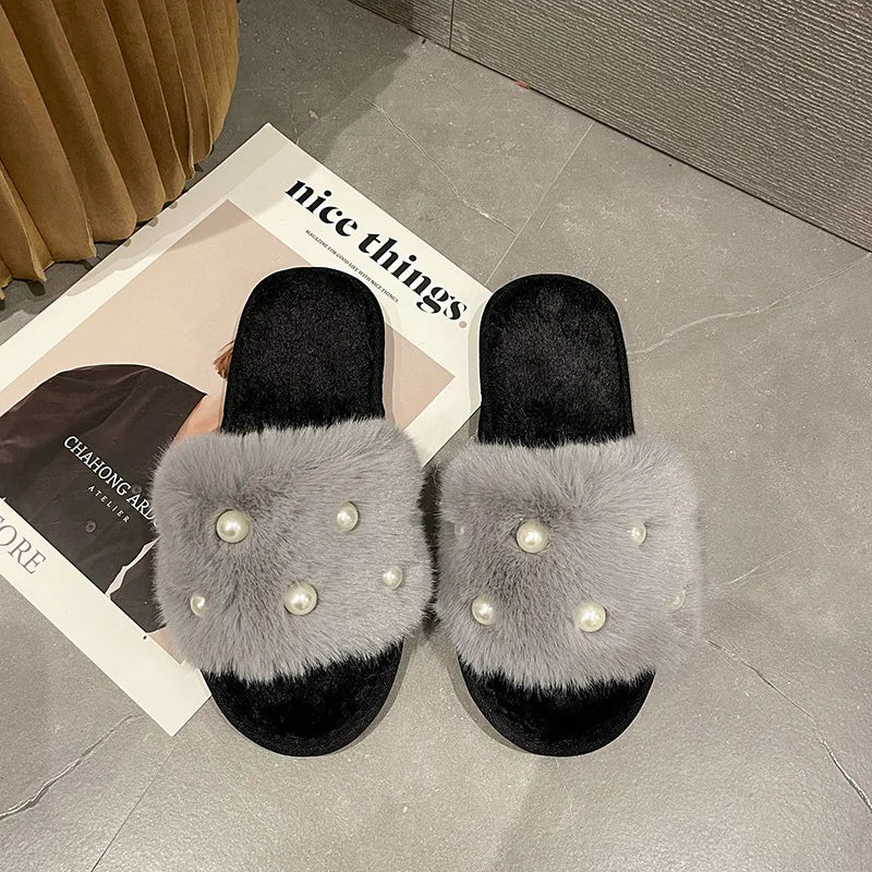 Pearl-Embellished Plush Slippers