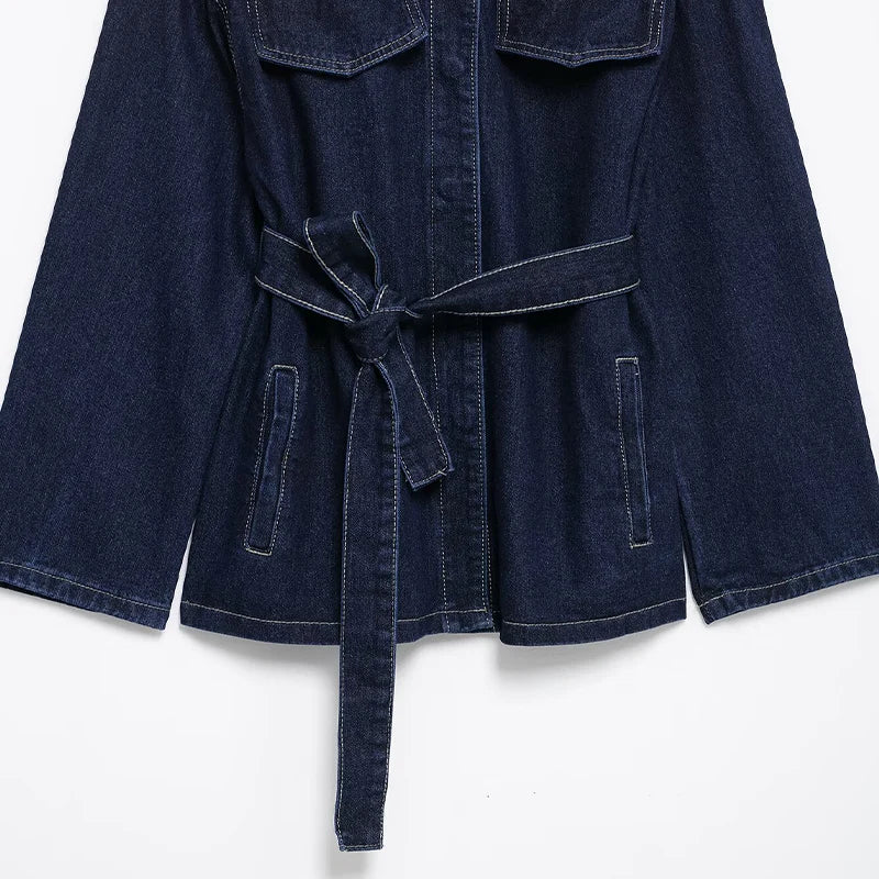 Long Sleeve Denim Blouse with Belt 