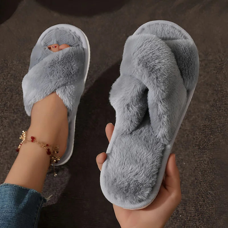 Women's Cross-Strap Plush Slippers