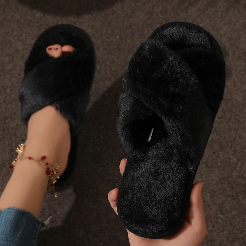 Women's Cross-Strap Plush Slippers