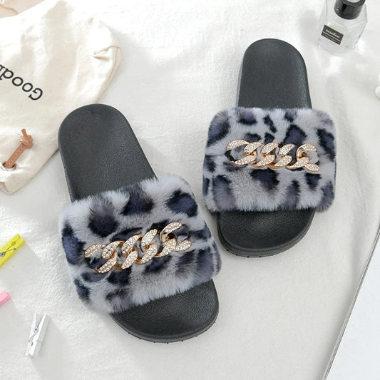 Faux Fur Chain-Detail Slides