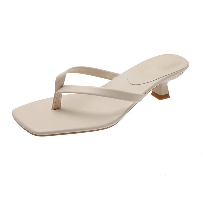 Square-Toe Thong Kitten Heel Sandals