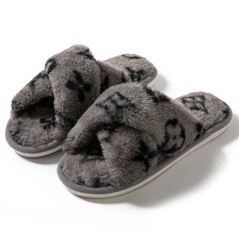Designer-Inspired Cross-Strap Plush Slippers