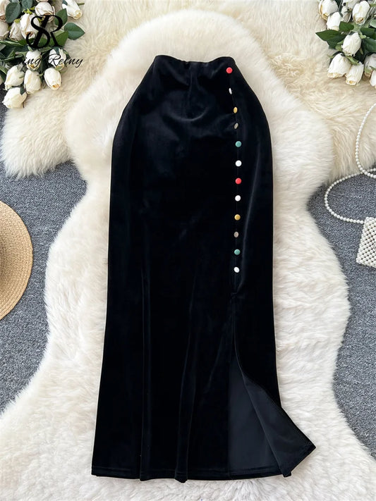 Velvet Long Skirt with Buttons 